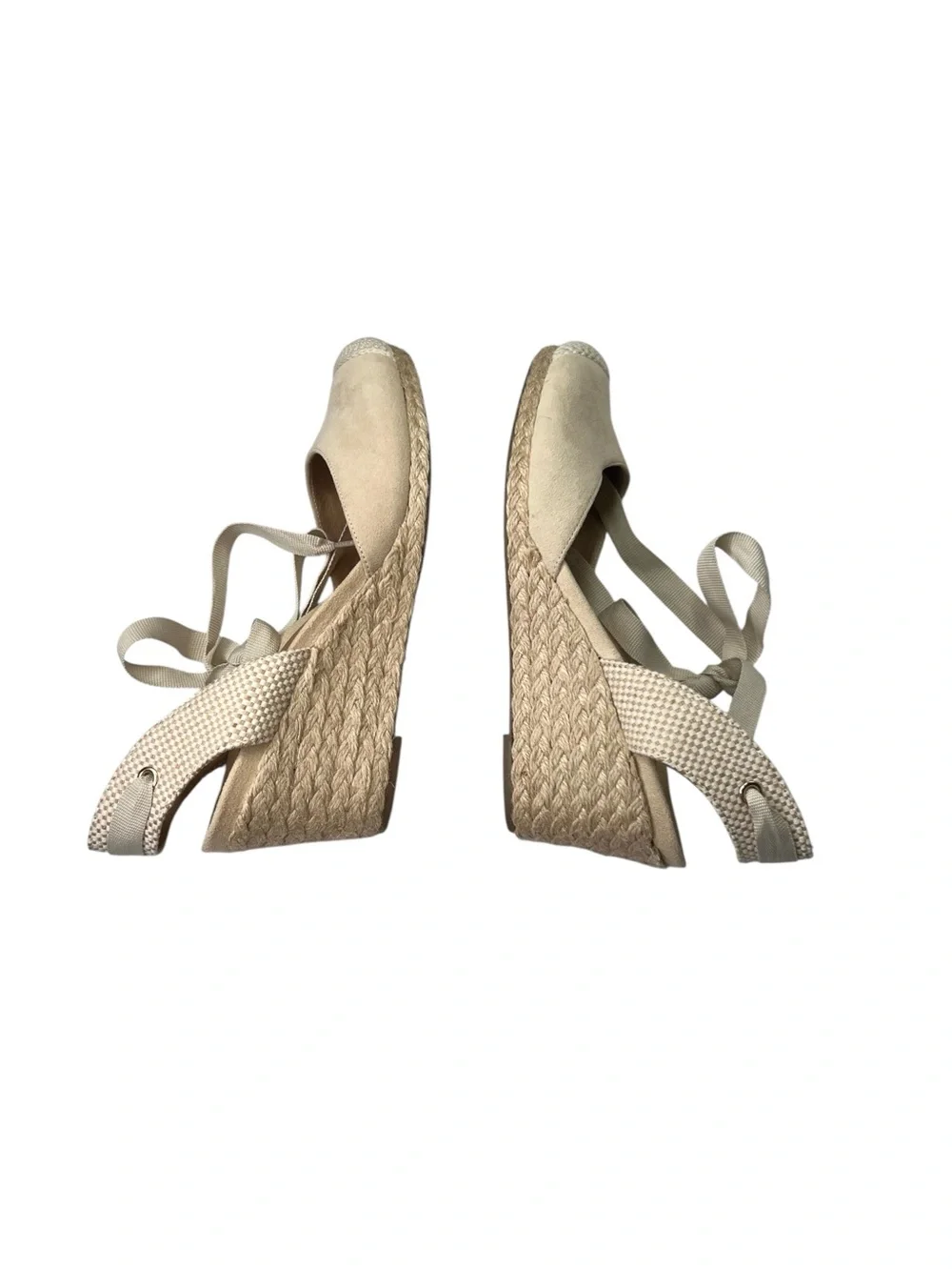 Vionic Espadrille Wedges Size 8.5 Ribbon Ankle Wrap Maris Cream Suede Closed Toe